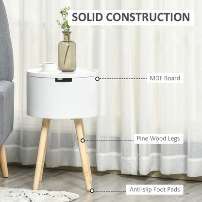 Modern Side Table With Hidden Storage Space, Round Night Stand / Removable Tray Wood Frame End Coffee Table, Set of 2 - White