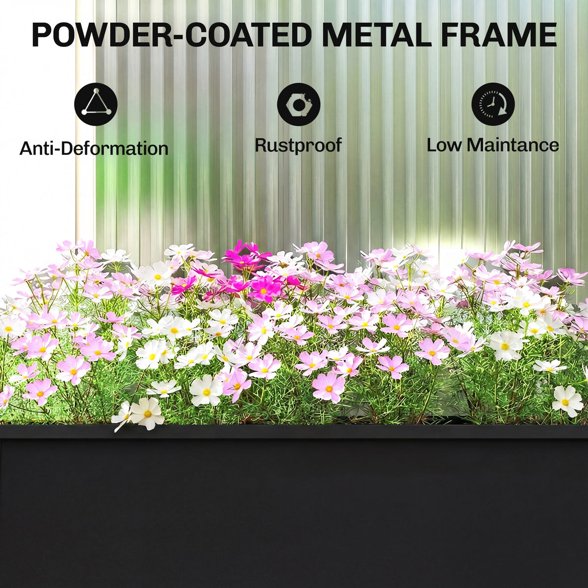 Raised Metal Planter on Legs | 20L Capacity | Drainage Hole | Polished Edges | Rubber Foot Covers | Balcony & Patio | 60x27x45cm | Black
