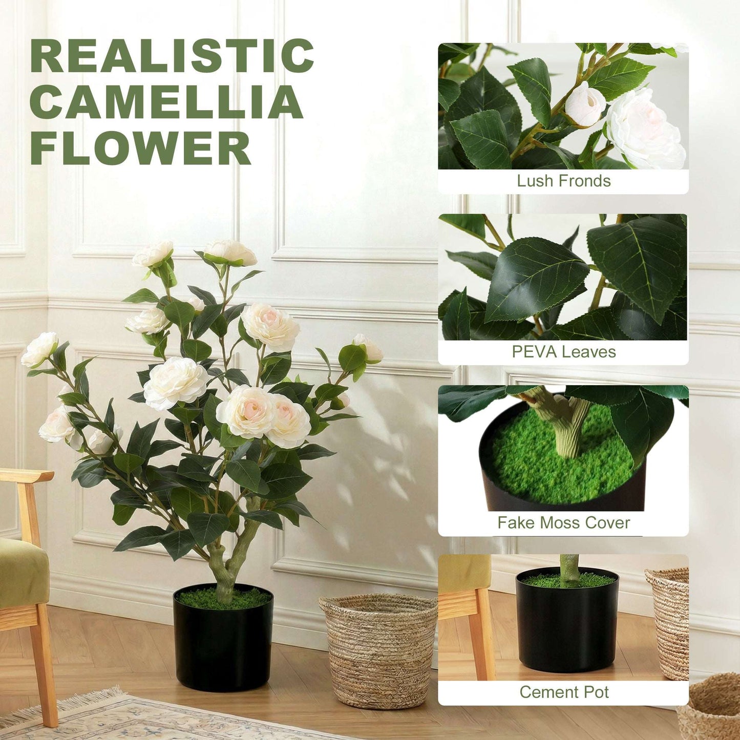 Artificial Camellia Flower Plant | 65cm | 116 PEVA Leaves | Silk Blossoms | Shapeable | Moss Effect Cement Pot | No Maintenance | White