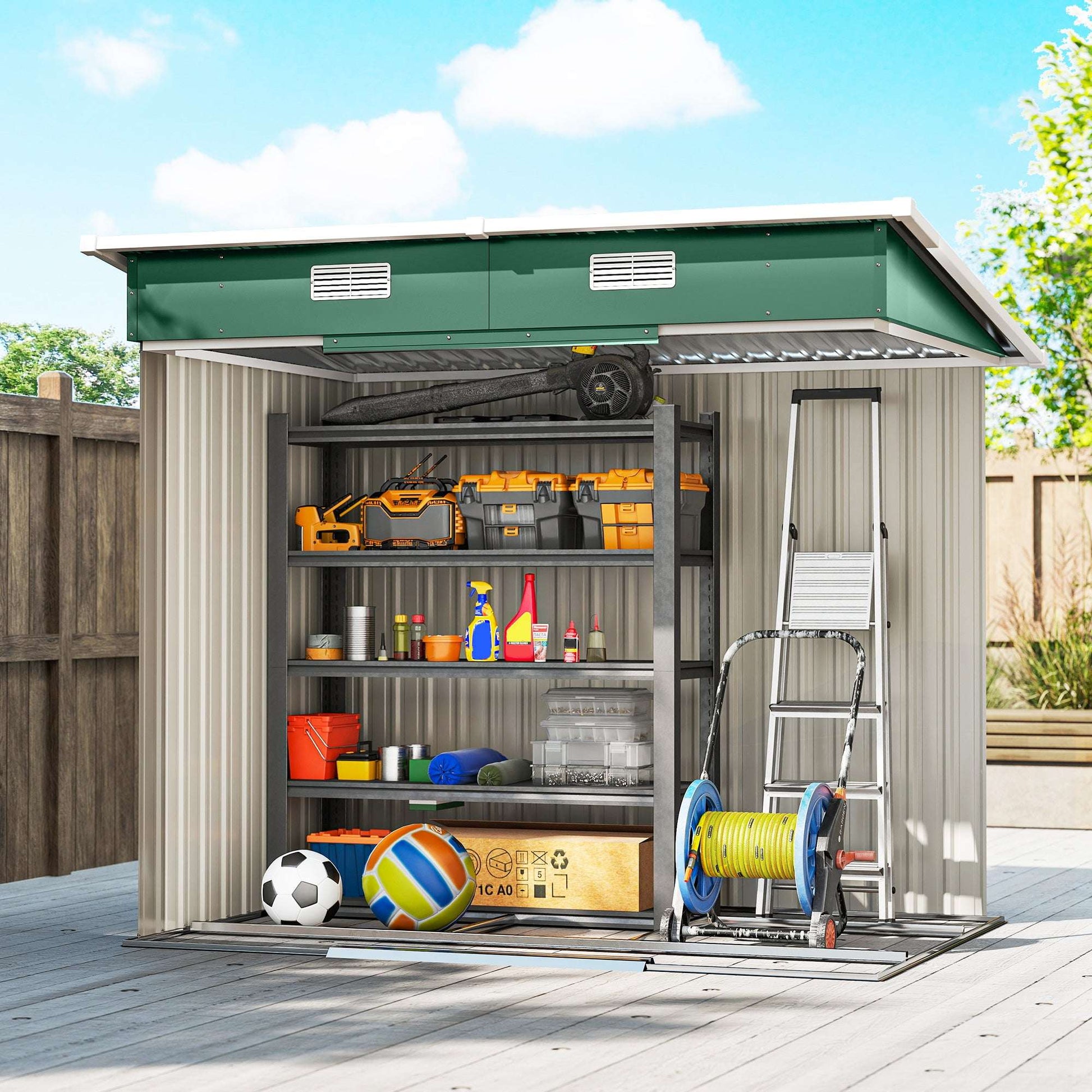 Corrugated Galvanised Steel Garden Storage Shed | Sliding Door | 2 Front Vents | Sloped Roof | Foundation Kit | 203x130x182cm | Bikes Tools Logs & Bins | Green