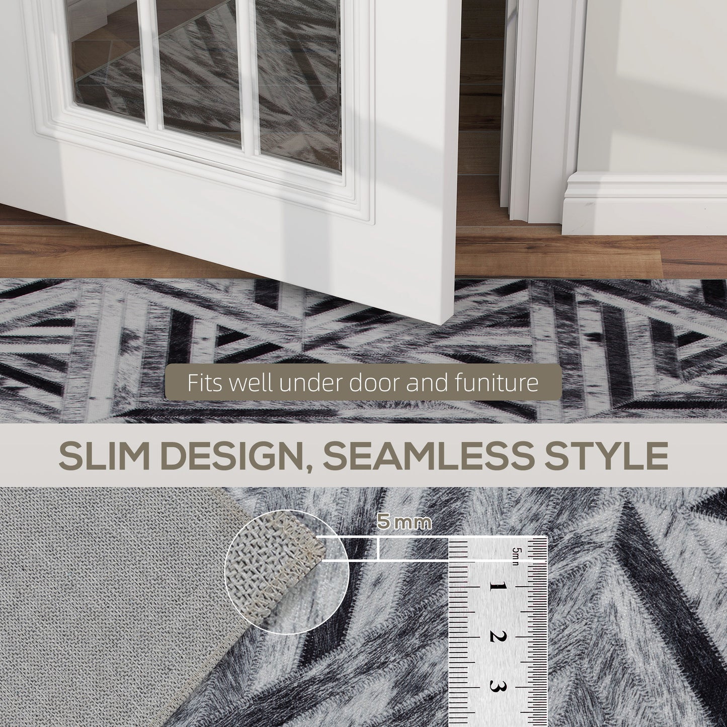 Modern Chenille Area Rug | Faux Leather Patchwork Print | Machine Washable | Non-Slip | Foldable | 290x200cm | Black | Living Room Bedroom Dining Room Home Office