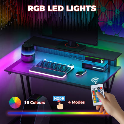 RGB LED Gaming Desk | 16 Colours & 4 Modes | 2 Power Outlets | USB & USB-C | 15cm Monitor Shelf | Z-Frame | 80kg | 100x60x88.5cm | Black