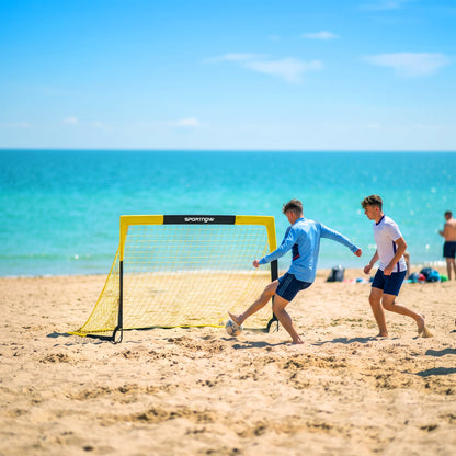 SPORTNOW Pop-Up Football Goal | Yellow & Black | 150x110x110cm | Mesh 140x136cm | Fibreglass & Metal | 4 U-Stakes | Carry Bag 142x116cm | No Assembly | Folds Flat | Age 5+ | Garden Park