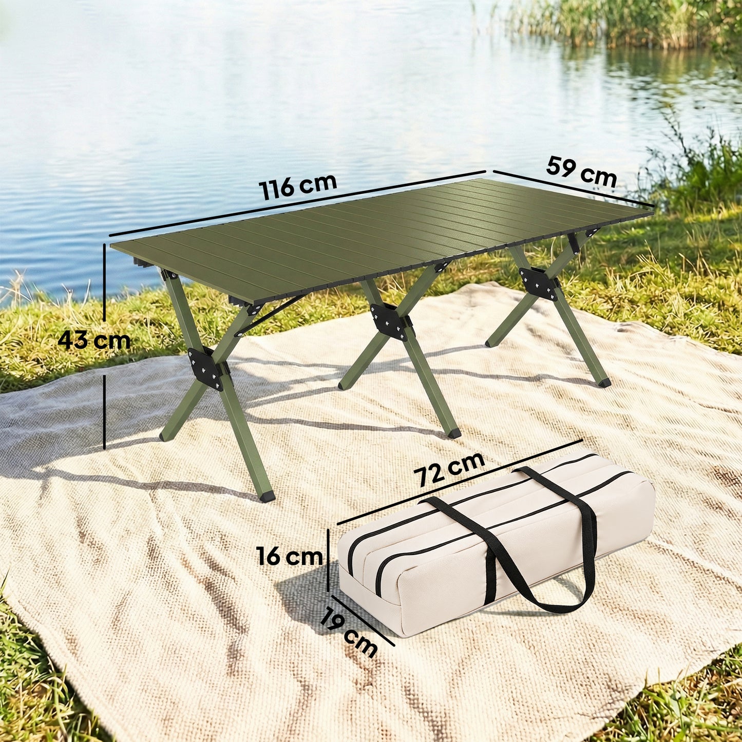 4ft Folding Camping Picnic Table | Roll Up Top | 116x59x43cm | Waterproof | All Metal Frame | 30kg | Green