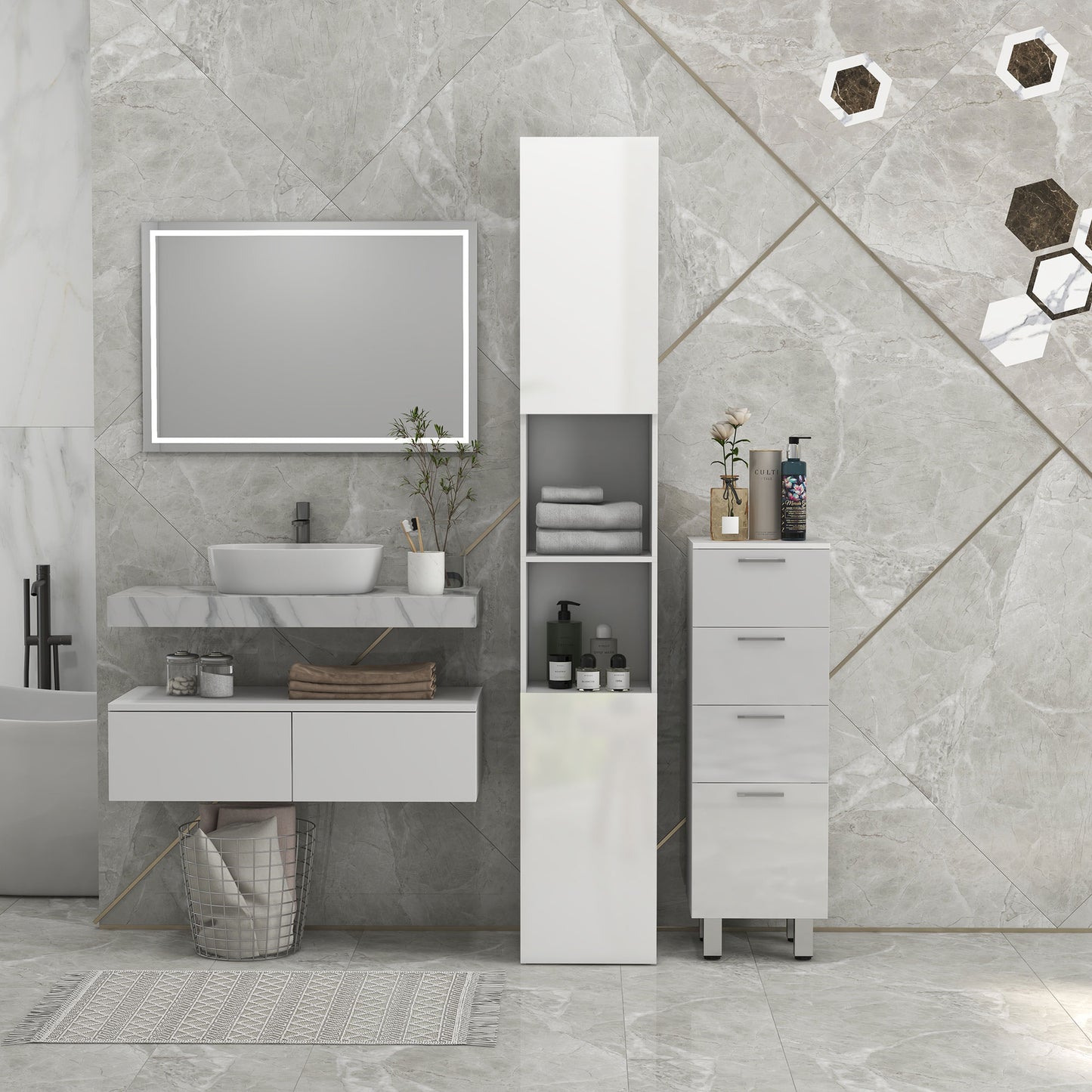 Kleankin Multi-Storage Slim Bathroom Cabinet - High Gloss White