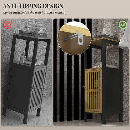 Slim Bathroom Storage Cabinet, Small Bamboo Bathroom Cabinet with Open Compartment and Adjustable Shelf, Black