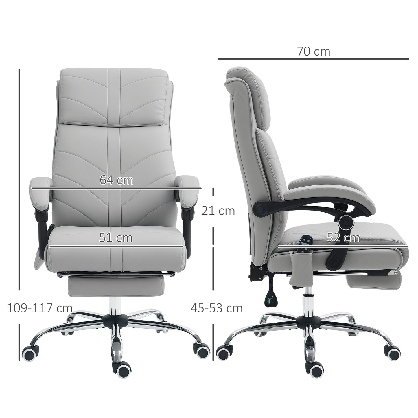 Faux Leather Massage Office Chair | 4 Point Vibration | Lumbar Heat | 3 Modes & Timer | Remote | 135° Recline & Footrest | 45-53cm Seat Height | 120kg | Light Grey