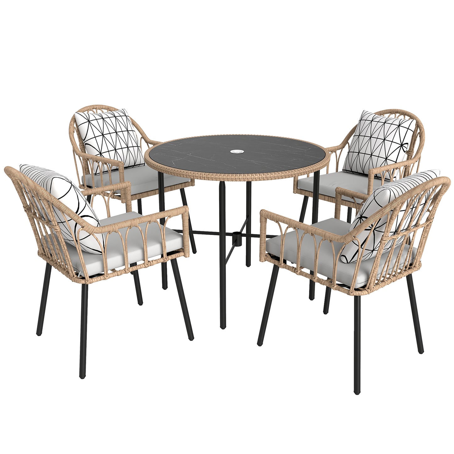 5 Piece Patio Rattan Dining Set, Wicker Garden Table & Chairs w/ Removable Seat & Back Cushions, Round Tempered Glass Tabletop, Parasol Hole