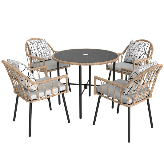 5 Piece Patio Rattan Dining Set, Wicker Garden Table & Chairs w/ Removable Seat & Back Cushions, Round Tempered Glass Tabletop, Parasol Hole