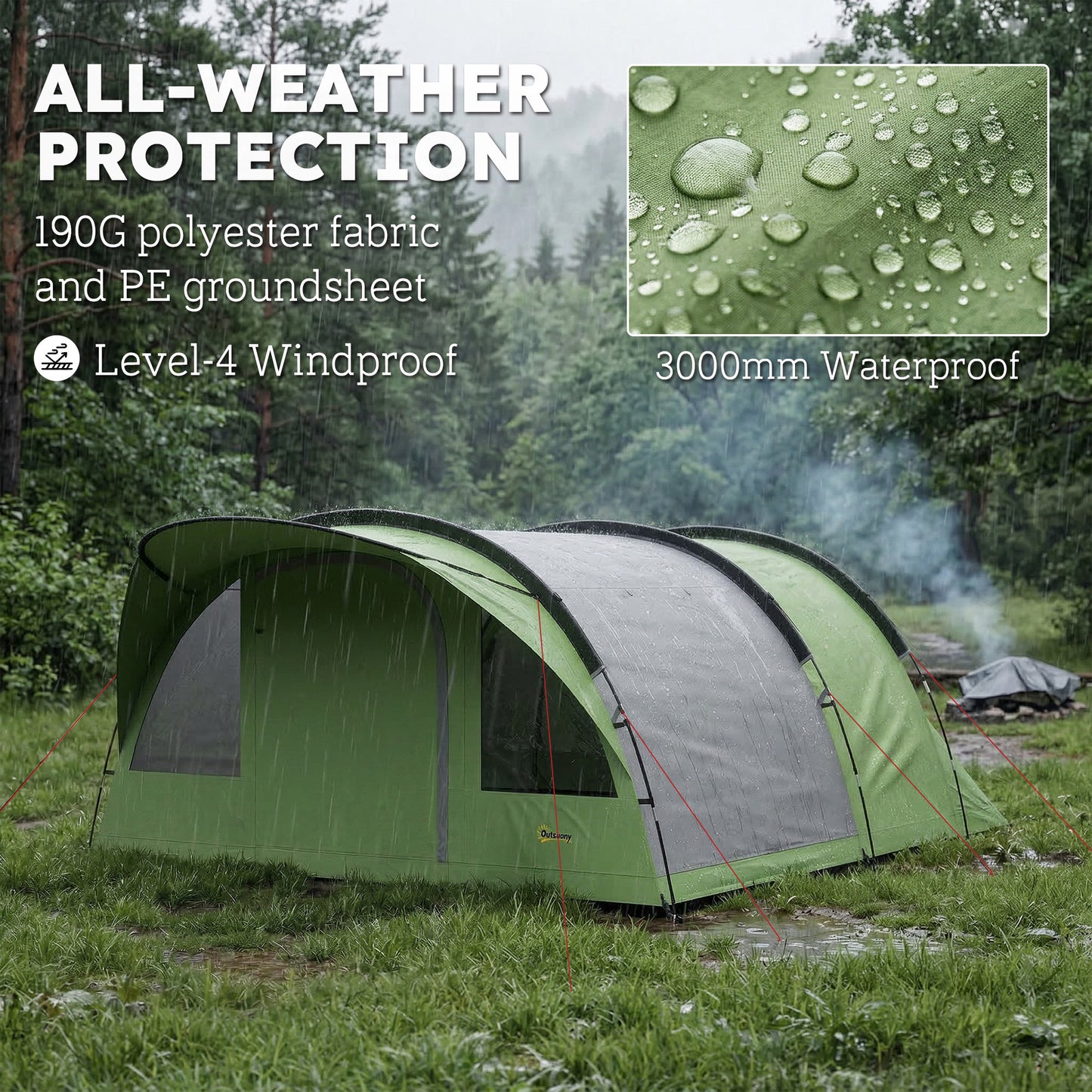 4-Person Family Camping Tent | 2 Rooms | Removable Divider | 3000mm Waterproof | Level 4 Wind Resistance | 7 Storage Pockets | Sets Up in 5-15 Mins | 565 x 370 x 200cm | Green & Grey