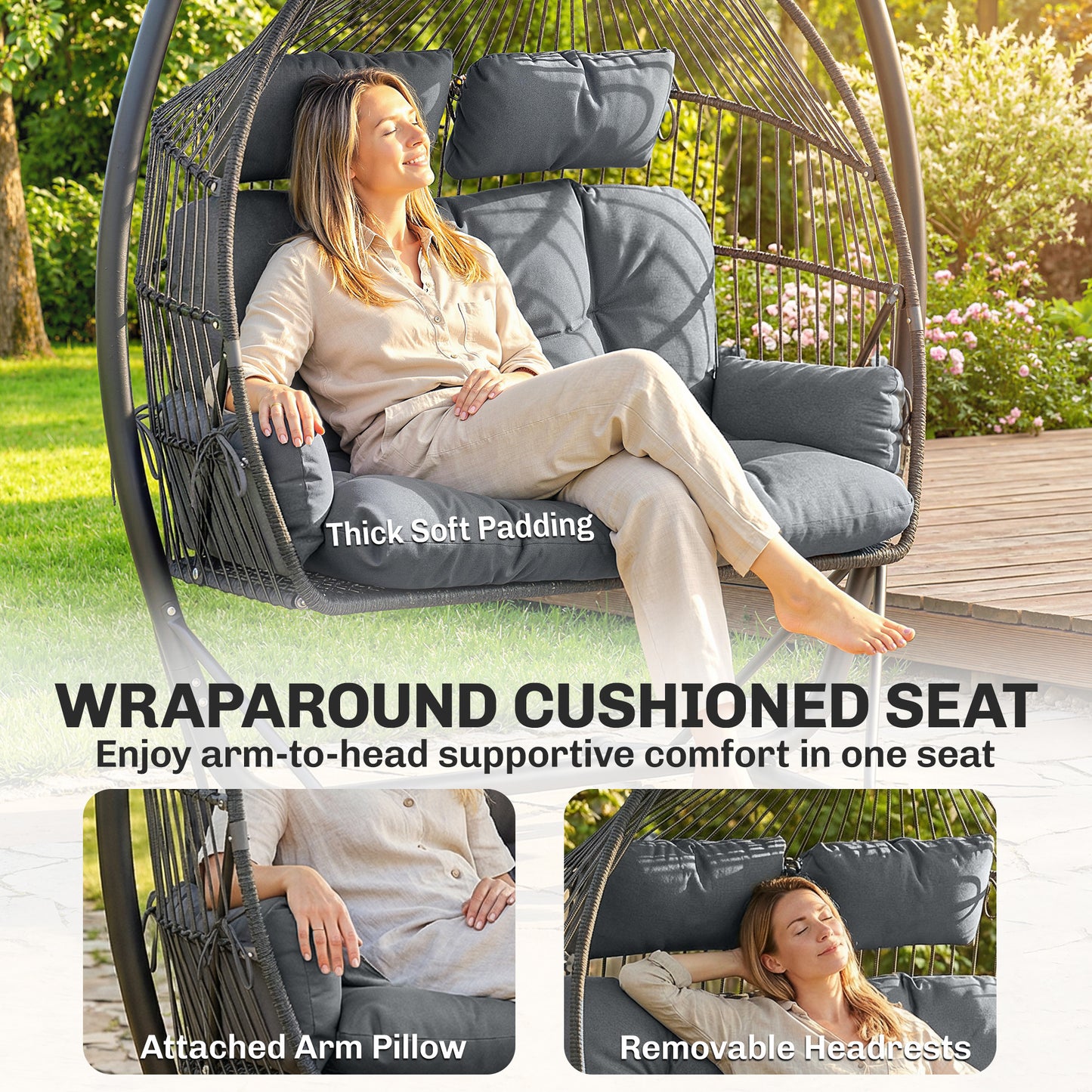 Double Hanging Egg Chair with Canopy | 2-Seater | 10cm Cushion & 2 Headrests | 240kg | Dark Grey