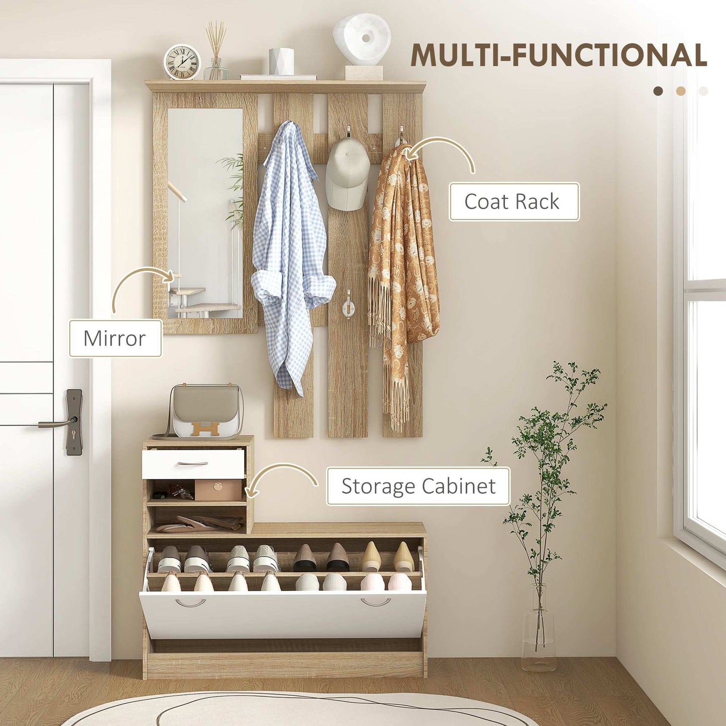 Three-in-One Hallway Storage Set - Natural Wood Finish/White