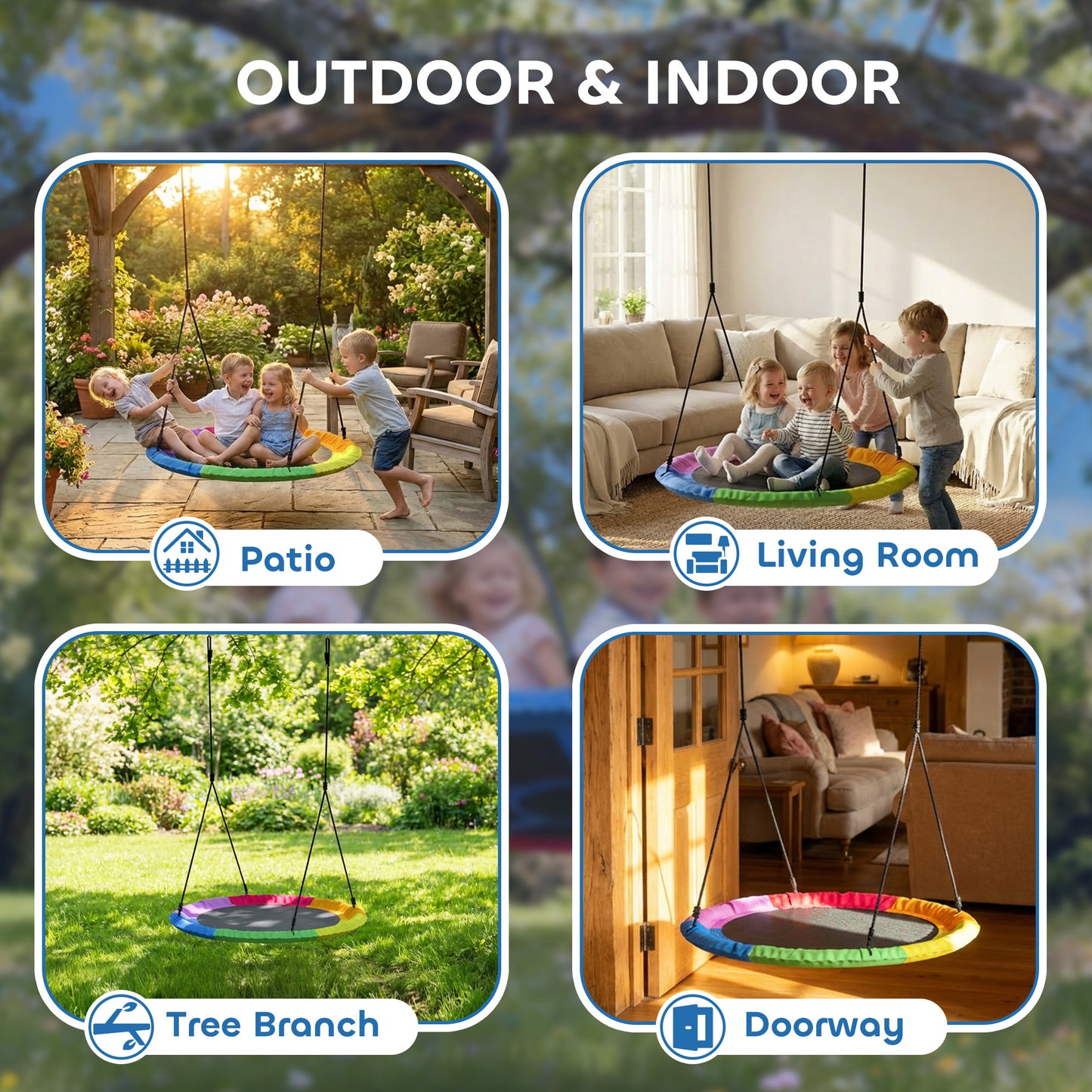 Kids Tree Saucer Swing 120cm – 300kg Capacity, Fits 4 Children, Adjustable Ropes, Tree Straps & Carabiners, Washable Oxford Fabric, EN71 Tested, Ages 3–8