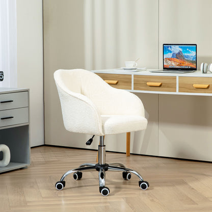 Computer Desk Chair, Fluffy Fabric Swivel Office Makeup Vanity Chair with Height Adjustable, Wheels, for Bedroom, Cream White