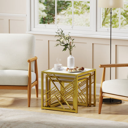 Nesting Coffee Tables, Set of 3 Square Side Tables with Black Metal Frame, for Living Room, Bedroom and Office, White