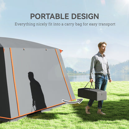 4-6 Man Camping Tent, Double Layer Tunnel Tent with Porch, Living Area and 2 Bedrooms, Sewn in Groundsheet, 3000mm Waterproof, Grey