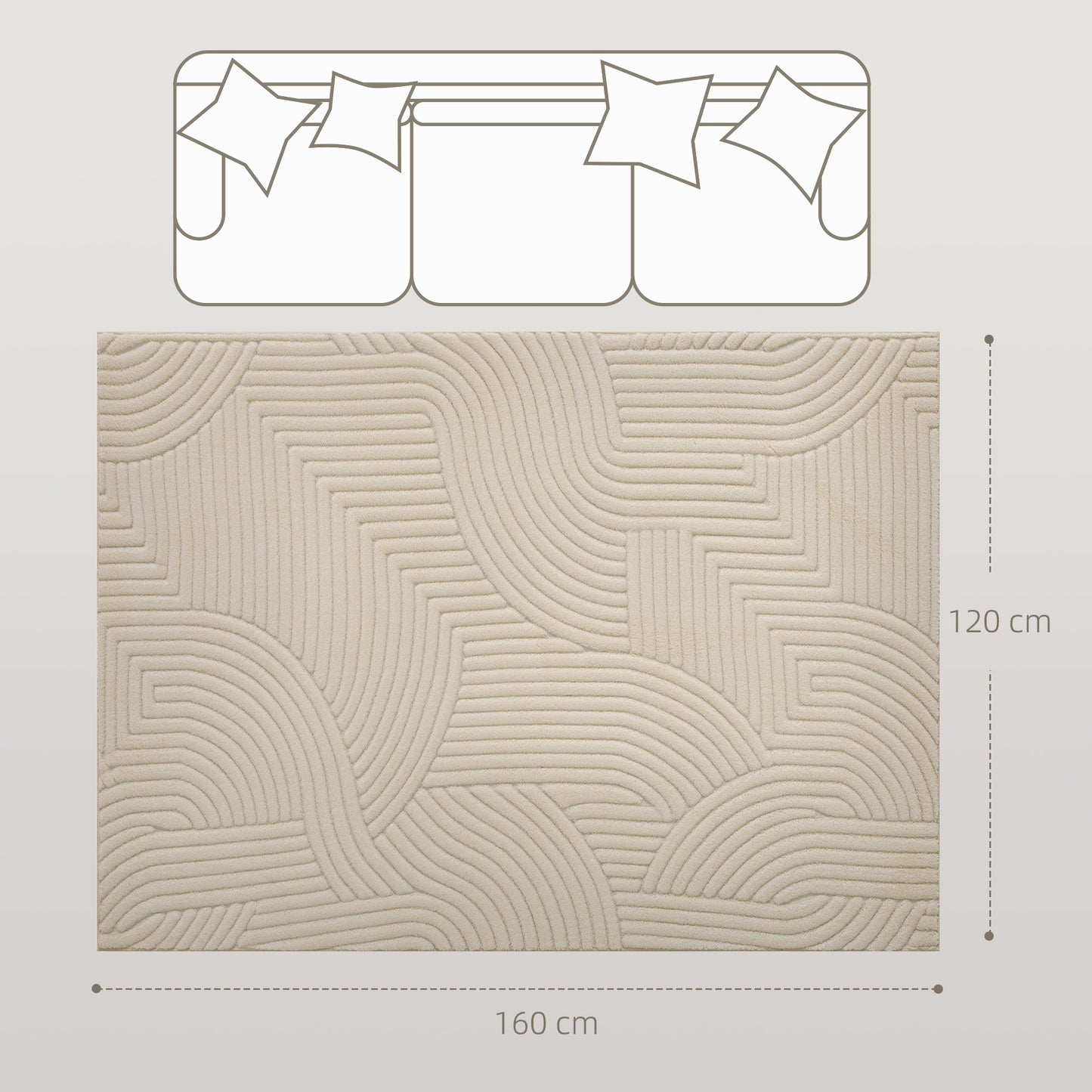 Modern Geometric Jacquard Rug | 15mm Plush Pile | Non-Slip Cotton-Polyester Backing | Reinforced Edges | 160x120cm | Cream