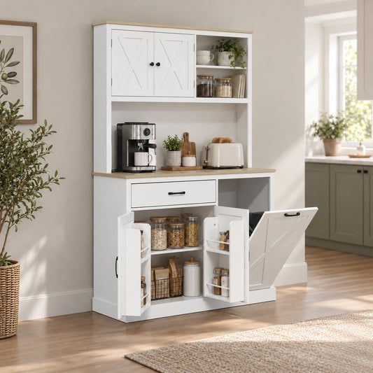 Kitchen Pantry Cabinet | 112W x 175H cm | Barn-Style Doors, Drawer, Spice Racks & Tilt-Out Bin Storage | White & Oak-Effect