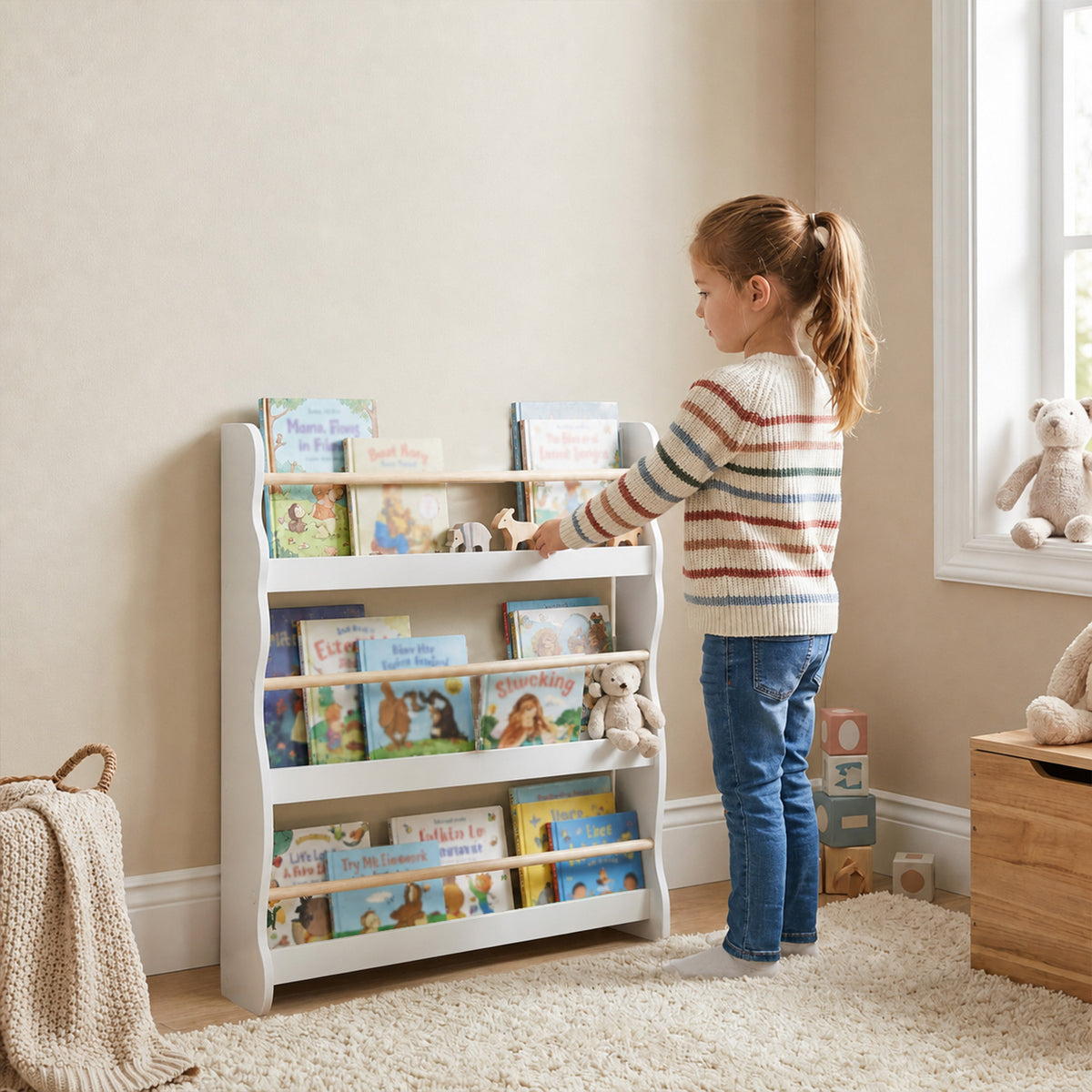 AIYAPLAY White 3-Tier Kids Bookshelf | 60cm Wide Slim Book Display with Pine-Tone Rails | Wall-Fixed Design | Ages 3–8