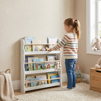 AIYAPLAY White 3-Tier Kids Bookshelf | 60cm Wide Slim Book Display with Pine-Tone Rails | Wall-Fixed Design | Ages 3–8