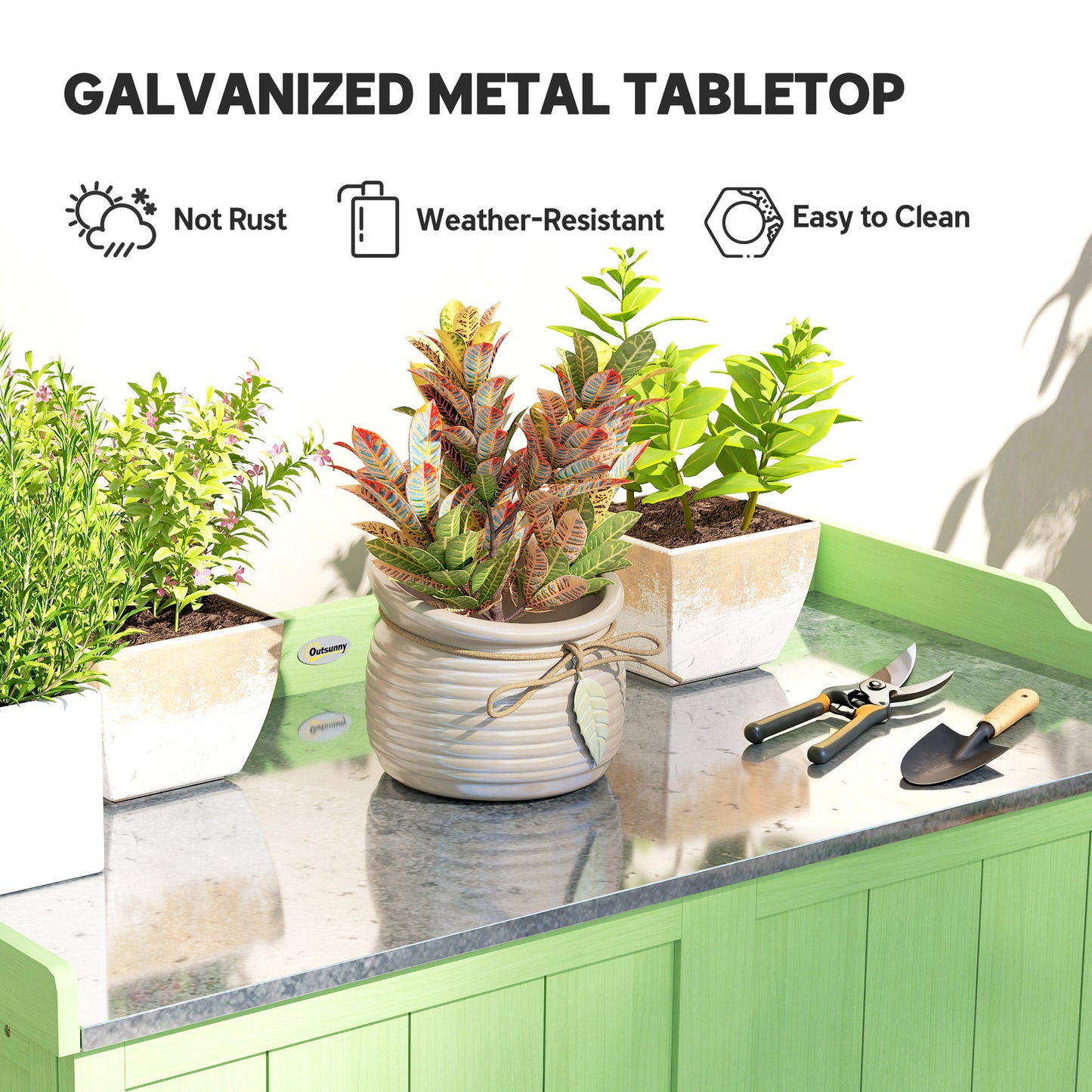 Wood Garden Storage Cabinet, Outdoor Tool Shed, Potting Bench Table with galvanised Top and Two Shelves, Green