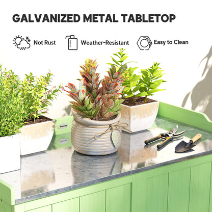 Wood Garden Storage Cabinet, Outdoor Tool Shed, Potting Bench Table with galvanised Top and Two Shelves, Green