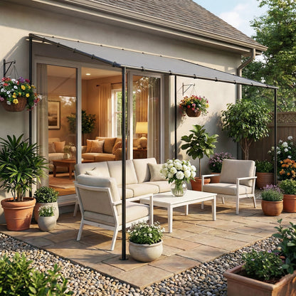 3x1.8m Lean-To Garden Pergola | UPF30+ Canopy | Sloped Roof & Drainage | Metal Frame | Grey