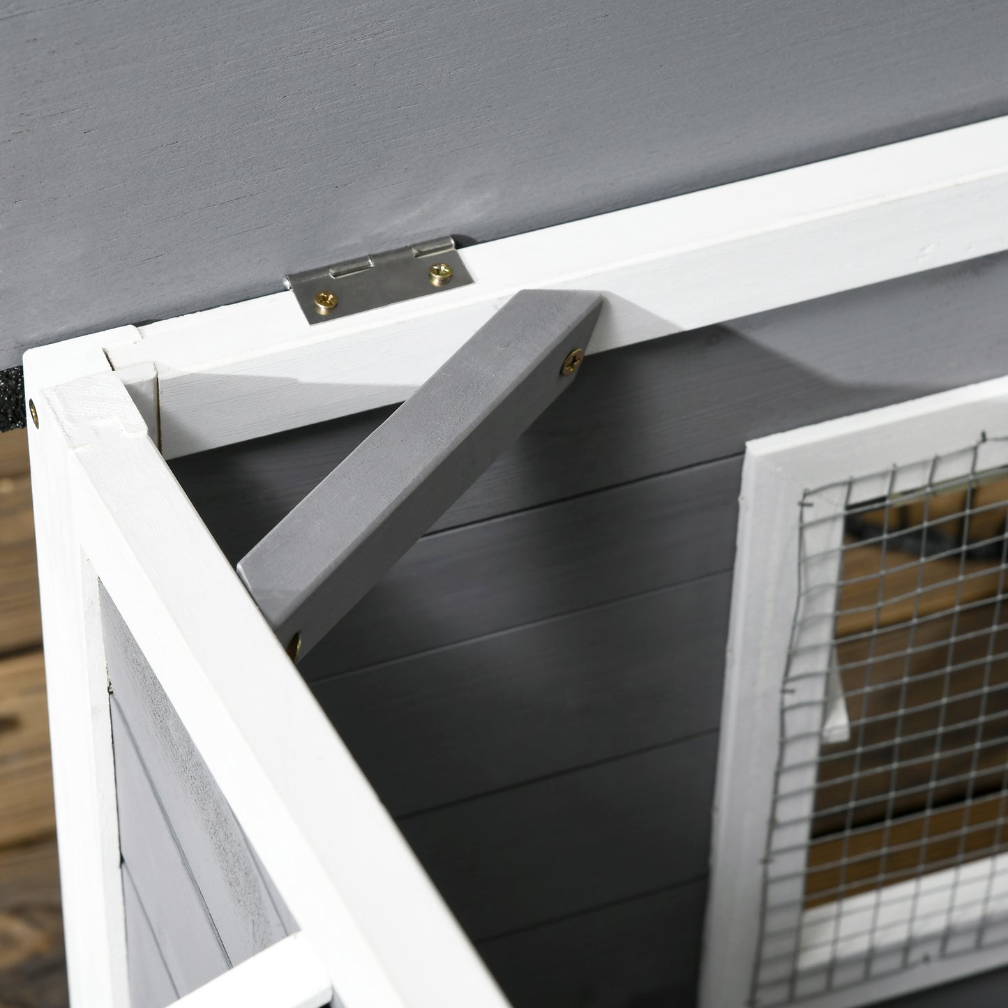 Wooden Dog Kennel | Asphalt Roof | Openable Top | Door Curtain | 2 Windows | Raised Base | Removable Tray | Small Dogs up to 15kg | 97 x 72 x 65cm | Grey