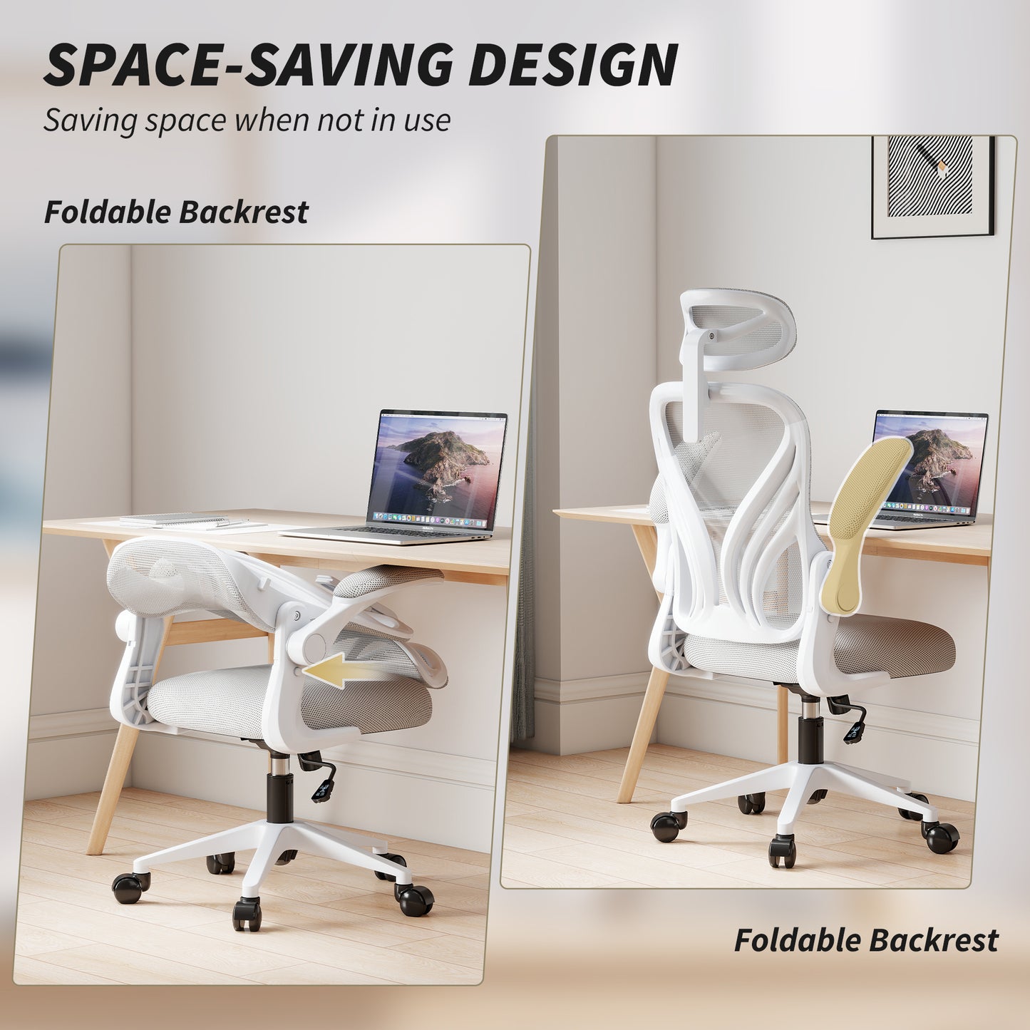Ergonomic Office Chair with Foldable Backrest, 2D Headrest - Light Grey
