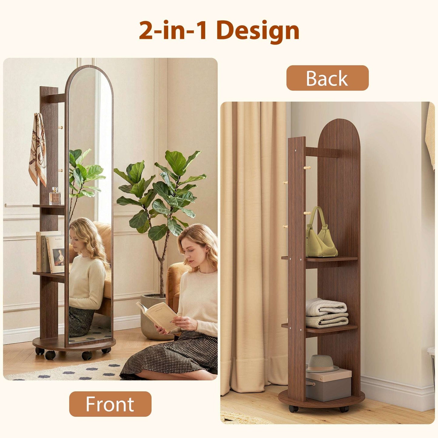 2-in-1 Full-Length Floor Mirror with Hidden Back Storage Shelves | Coat Rack & Hooks | 4 Lockable Wheels | Shatter-Resistant Tempered Glass | 50x50x167cm | Brown Wood Effect
