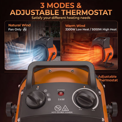 5000W Industrial PTC Fan Heater | 3300W/5000W | Tilting Airflow | Adjustable Thermostat | Orange | 380-400V 5-Pin