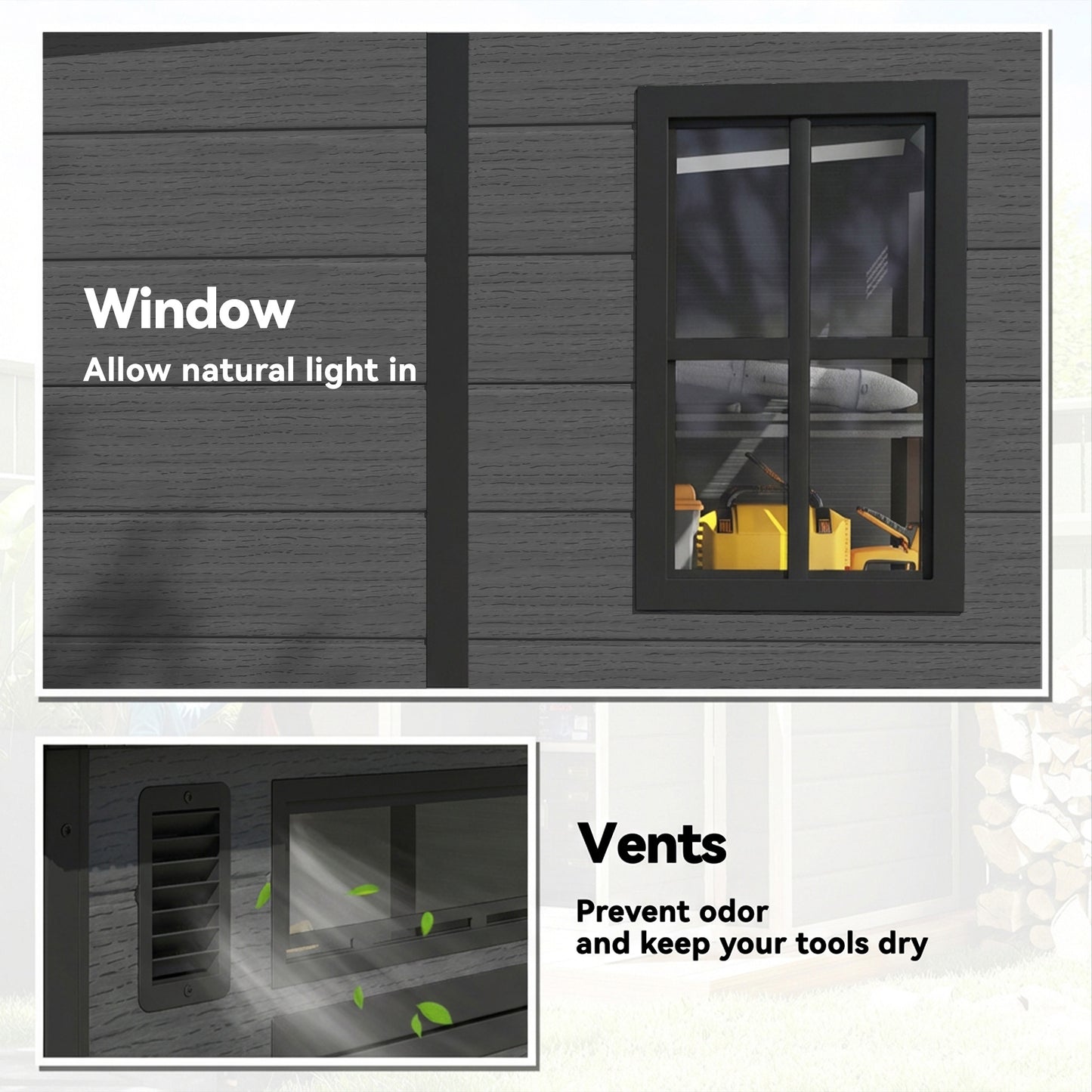 PP & Aluminium Garden Storage Shed with Floor | 3 Windows | Dual Vents | Double Doors | Lock & Keys | UV-Resistant | Water-Repellent | 40kg/m² Snow Load | 182x182x196cm | 2.89m² | Tools Bikes & BBQ | Dark Grey