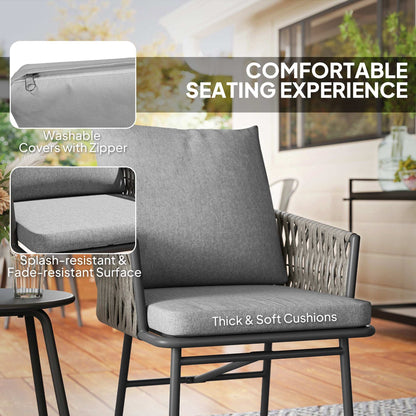 3-Piece Rattan Bistro Set, Garden Table and Chairs with 4 Cushions, Patio Rattan Conversation Furniture Set for Balcony, Porch, Terrace