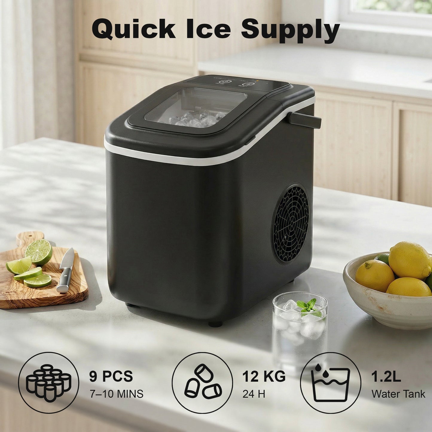 Countertop Ice Maker | 9 Cubes in 7 Mins | 12kg Daily | 2 Sizes | Self-Clean | Black