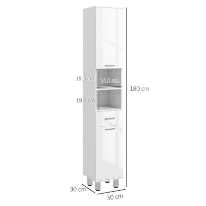 Kleankin 71" Tall Slim Bathroom Storage Cabinet, Tall Narrow Cupboard with Drawer, Open Shelves, 2 Doors Cabinets and Adjustable Shelves for Kitchen - White