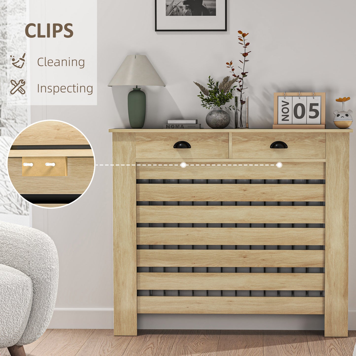 MDF & Particle Board Radiator Cover with 2 Drawers | Slatted Design | Skirting Board Cut-Outs | Easy-Fix Clips | Wood-Effect Top | 4kg Per Drawer | 111x19x95.5cm | Oak