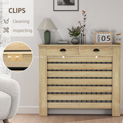 MDF & Particle Board Radiator Cover with 2 Drawers | Slatted Design | Skirting Board Cut-Outs | Easy-Fix Clips | Wood-Effect Top | 4kg Per Drawer | 111x19x95.5cm | Oak