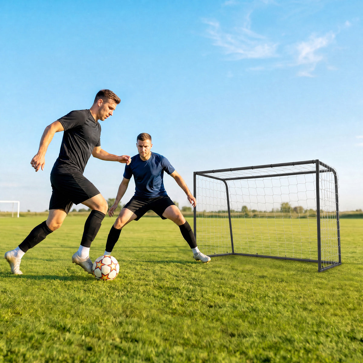 SPORTNOW Football Goal | Black & White | 6x4ft 180x90x122cm | 32mm Metal Frame | Polyester Net 10x10cm Mesh | 22 Bungee Cords | 4 Ground Stakes | Indoor Outdoor | Age 5+