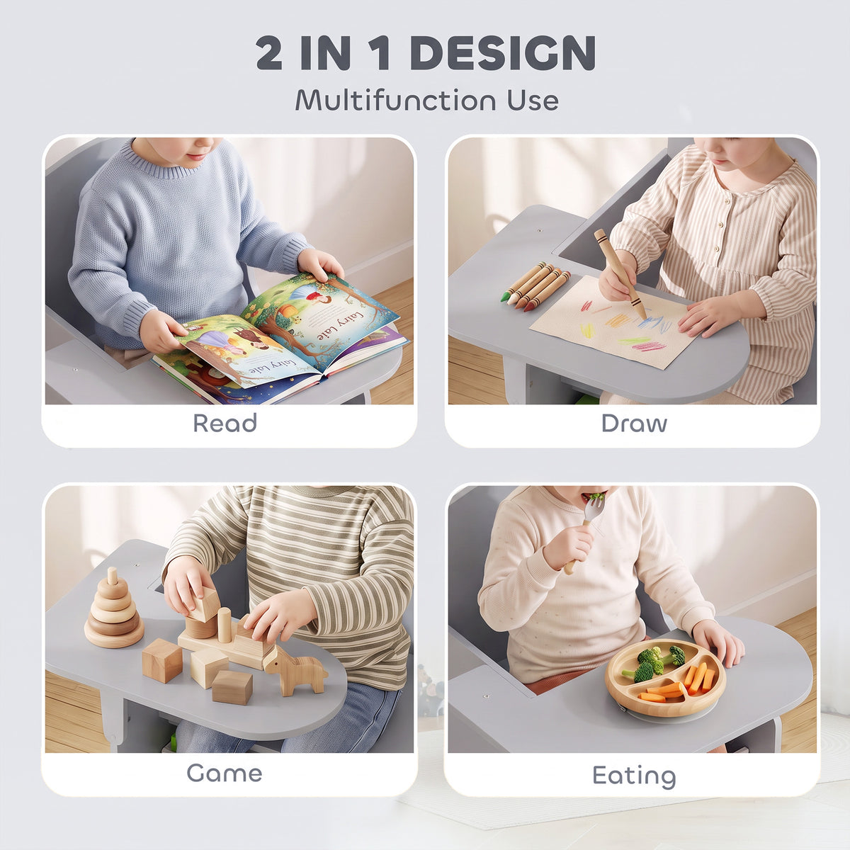 Kids Table and Chair Set | Grey Children's Desk with Storage Bin for Ages 3-5 | 2-in-1 Creative Activity Furniture