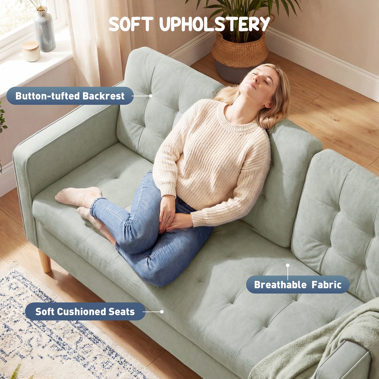 3-Seater Sofa with Hidden Under-Seat Storage | Button-Tufted | Snow Flannel | Eucalyptus Frame | 100kg per Seat | 169cm | Light Grey