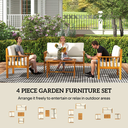 Outsunny Four-Piece Acacia Wood Garden Sofa Set - Teak/Cream