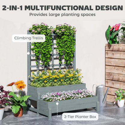 2-Tier Raised Garden Bed with Trellis, Wooden Elevated Planter Box Outdoor Raised Planter for Climbing Plants, Fruits, Vegetables, Flowers, Grey