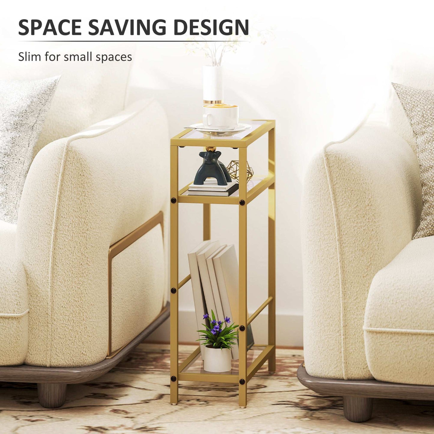 3-Tier Side Table, Narrow End Table with Storage Shelf and Tempered Glass Tabletop for Small Spaces, Bedroom, Living Room, Entryway