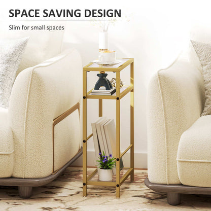 3-Tier Side Table, Narrow End Table with Storage Shelf and Tempered Glass Tabletop for Small Spaces, Bedroom, Living Room, Entryway