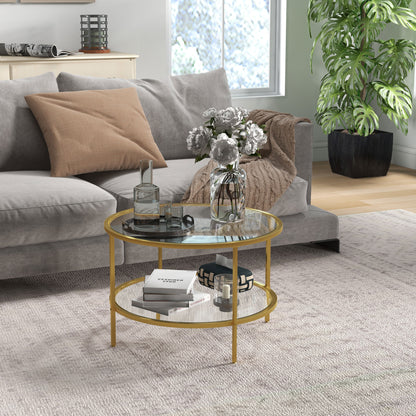 Round Coffee Table with Storage, 2-Tier Tempered Glass Coffee Table with Steel Frame for Living Room, Gold Tone