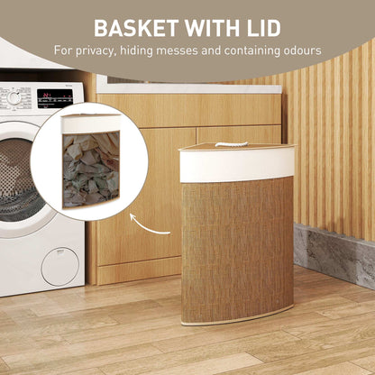 Bamboo Bathroom Triangle Laundry Basket with Lid, 55L Corner Hamper with Removable Washable Liner Bag, 35 x 35 x 60 cm, Brown