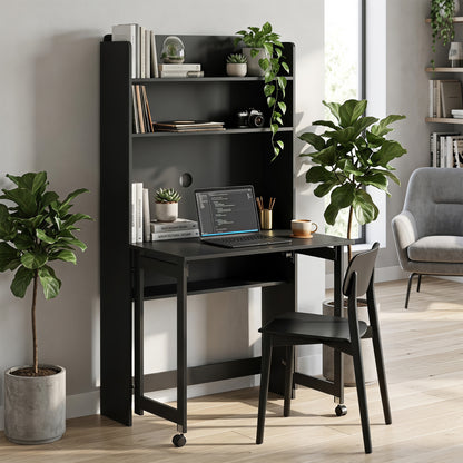 Foldable Computer Desk | Storage Shelves | 80 x 69 x 155 cm | Black