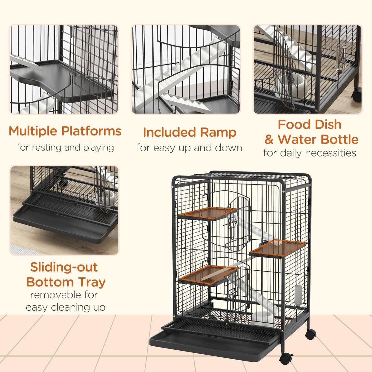PawHut 4-Level Small Animal Cage | 95cm Tall Black | Metal PP Mesh | 3 Platforms 3 Ramps | Removable Tray | Rolling Lockable Wheels | Food Dish & Water Bottle | Multi-Door Access | 61.5x44x95cm