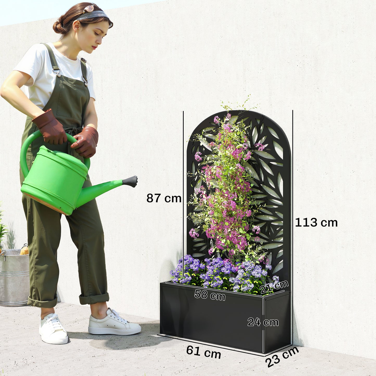 Metal Raised Planter with Curved Leaf Trellis & Privacy Screen | Wall Mounted or Freestanding | 29L Soil | 50kg | Powder-Coated | 61x23x113cm | Climbing Plants | Black