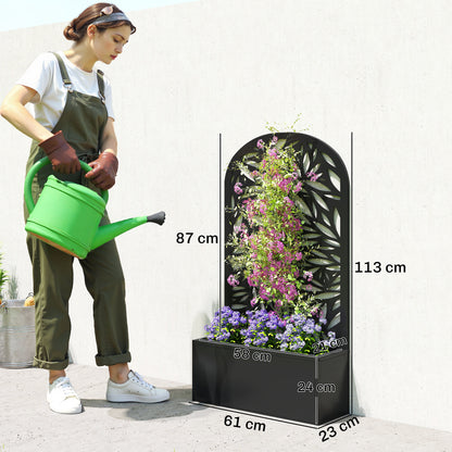 Metal Raised Planter with Curved Leaf Trellis & Privacy Screen | Wall Mounted or Freestanding | 29L Soil | 50kg | Powder-Coated | 61x23x113cm | Climbing Plants | Black